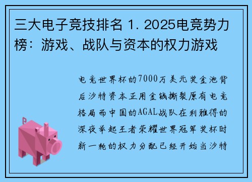 三大电子竞技排名 1. 2025电竞势力榜：游戏、战队与资本的权力游戏  2. 全球电竞三重奏：2025年度游戏、战队与赛事风云录